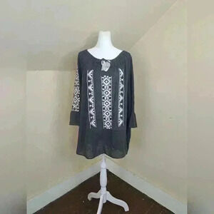 CALYPSO St Barth Dark Gray 100% Cotton Silver Embroidered Tunic Top Size M